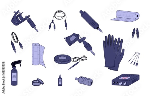 Tattoo equipment and accessories kit. Set of professional tools, machines, needles, gloves, protective films, vaseline, power supply for tattooist. Vector illustrations isolated on white background
