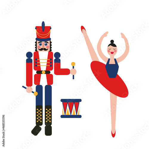 Nutcracker soldier and girl ballerina. Vintage Christmas and New Year toys.