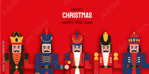 Christmas Nutcracker in paper cut style. Cute soldier toy. December Ballet party. Creative Merry Xmas invitation. Happy New Year. Winter holidays. Space for text.