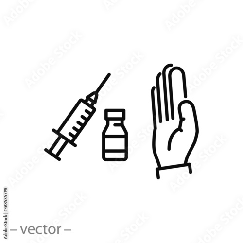 no vaccination gesture icon, stop injection patient, protest anti vax, against inoculation fear, thin line symbol - editable stroke vector illustration photo