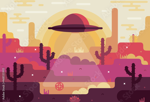 Landscape with UFO, flying saucer over grand canyon or desert near area 51. Vector flat cartoon illustration. 
