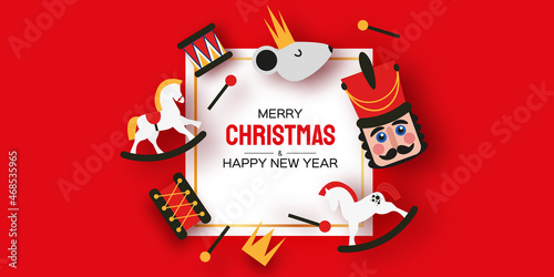 Nutcracker, Mouse King, Rocking Horses. Merry Christmas party. Happy New Year figurine. December ballet party. Vintage toys paper craft style. Winter holidays. Space for text.