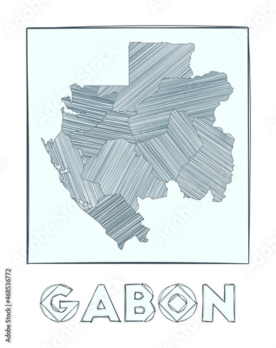 Sketch map of Gabon. Grayscale hand drawn map of the country. Filled regions with hachure stripes. Vector illustration. photo