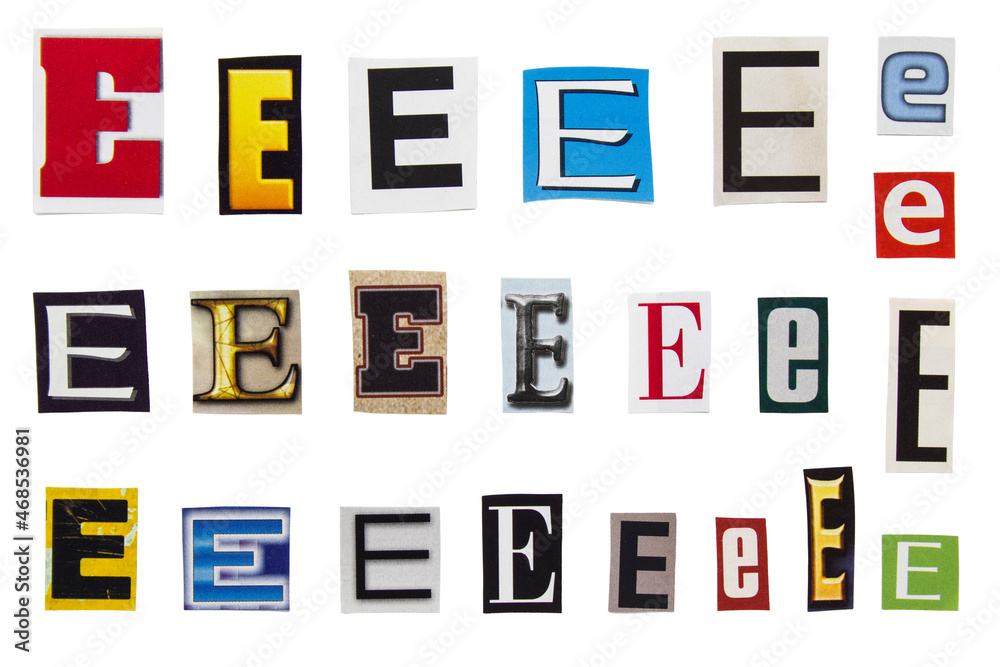 Alphabet letter E cutting from magazine paper. Newspaper clippings with letter E isolated on white background. Anonymous text concept. Alphabet letter E cutting from magazine paper. Newspaper clippings with letter E isolated on white background. Anonymous text concept.