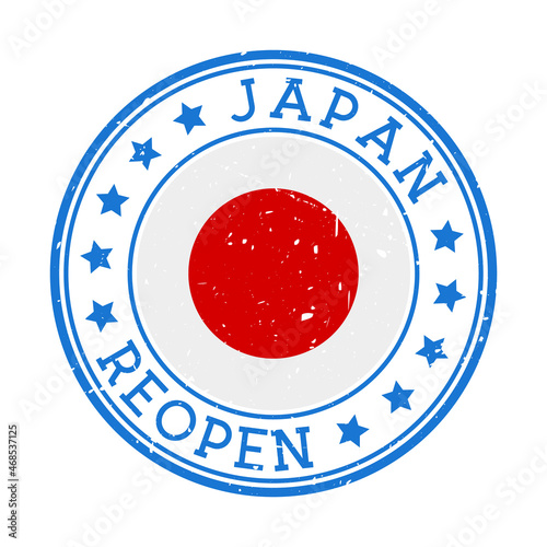 Japan Reopening Stamp. Round badge of country with flag of Japan. Reopening after lock-down sign. Vector illustration.