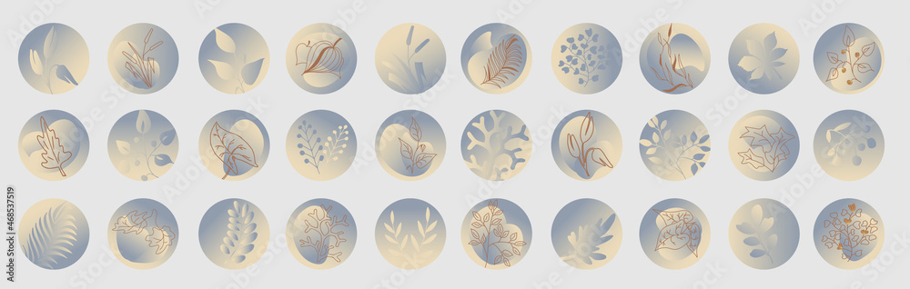 Big set of round  highlight covers with abstract shapes, brunch with leaves and plants in pastel blue colors. 30 icons for social media stories, bloggers. Abstract background. EPS10.