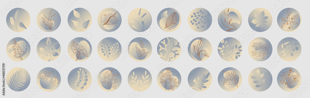 Big set of round highlight covers with abstract shapes, brunch with leaves and plants in pastel blue colors. 30 icons for social media stories, bloggers. Abstract background. EPS10. Big set of round highlight covers with abstract shapes, brunch with leaves and plants in pastel blue colors. 30 icons for social media stories, bloggers. Abstract background. EPS10.