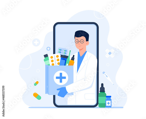 Smartphone screen with a pharmacist with a bag of medication. Medical treatment. Online pharmacy, delivery drugs, prescription medicines. Vector flat illustration.
