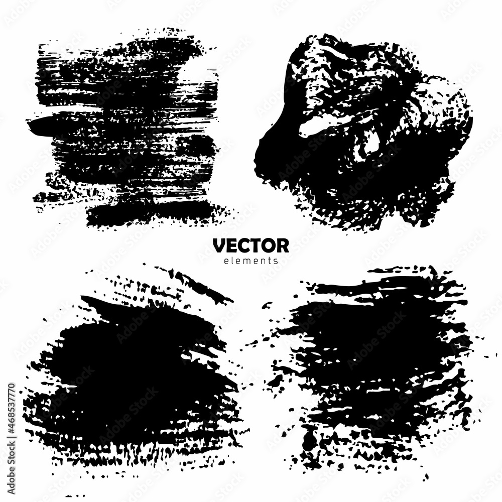 Grunge Set Brush Shape Vector Strokes in Black color on white background. Hand painted grange elements. Ink drawing. Dirty artistic design . Place for text, quote, information, company name.
