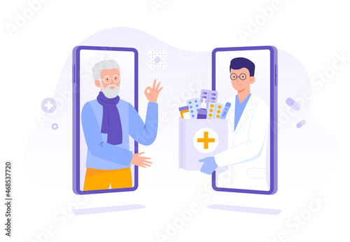 A pharmacist gives an order with drugs to a senior man. Medical treatment. Online pharmacy, delivery drugs, prescription medicines order. Vector flat illustration.