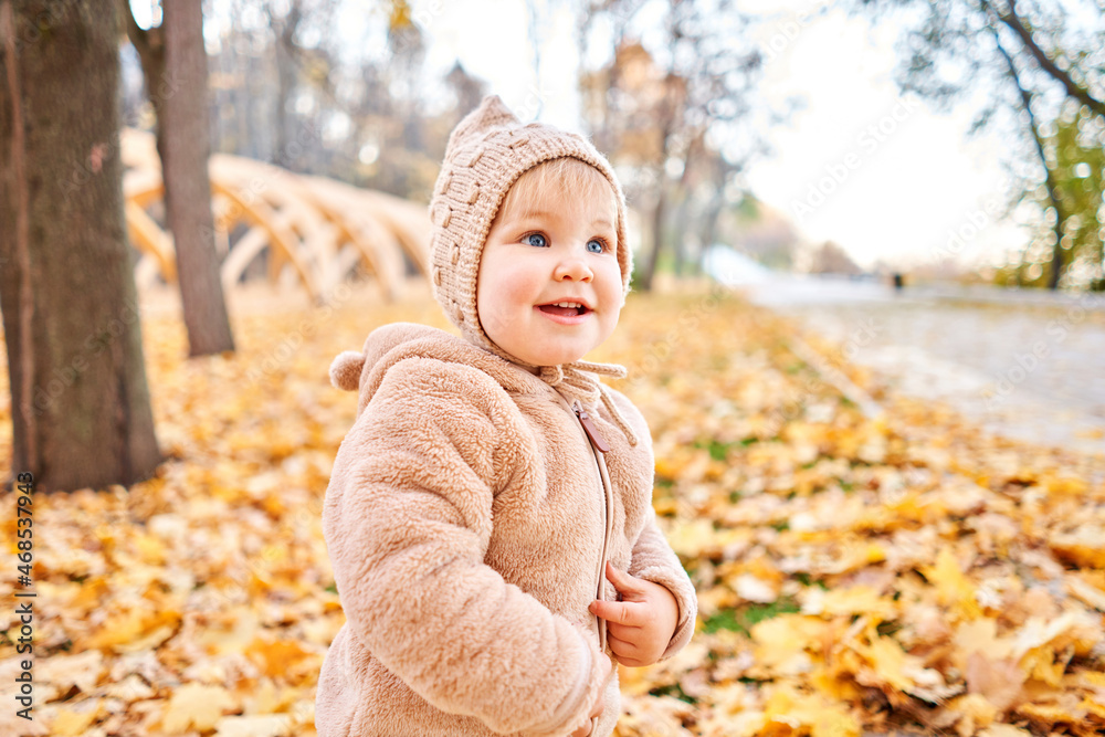 Yellow Autumn Park. Leaf fall and yellow leaves. Portraits of a cute 1 year old baby girl. sunny day. Yellow Autumn Park. Leaf fall and yellow leaves. Portraits of a cute 1 year old baby girl. sunny day.
