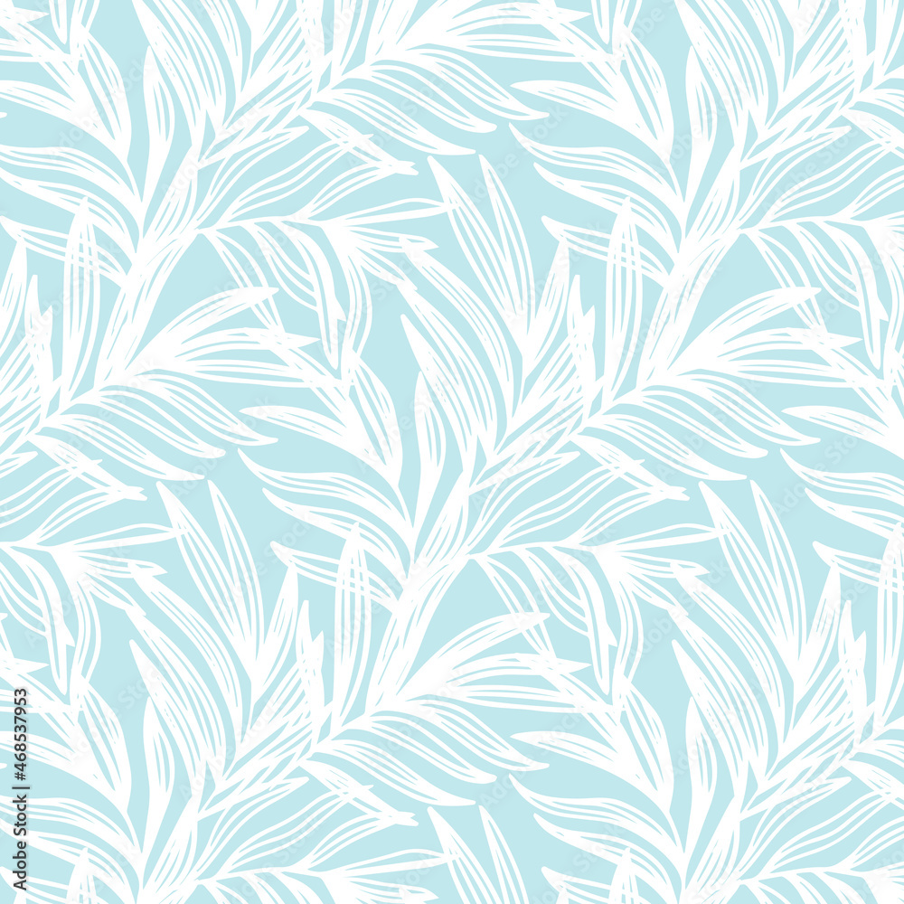Tropical seamless pattern print with white palm leaves on blue background. Illustration for Surface, Invitation, Notebook, Banner, Wrap Paper, Textile, Cover, Magazine, Postcard, Fabric