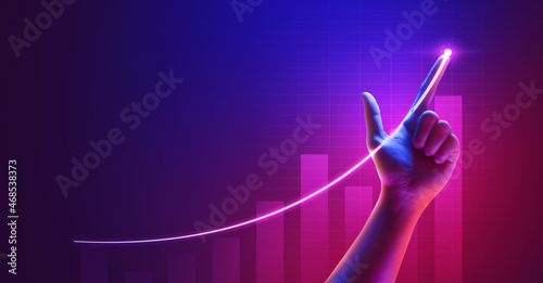 Business success of growth metaverse finance and investment profit graph concept or development analysis progress chart on financial market achievement strategy background with increase hand diagram.