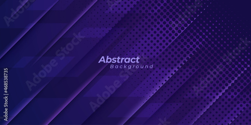 Purple background with halftone dots, abstract shape and lines.