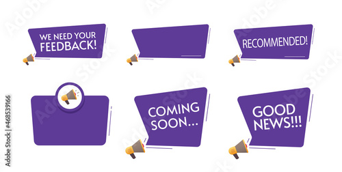 Attention important message banner vector, soon announcement icon from megaphone, feedback survey and recommend information sign, good news bubble speech and blank empty template on white