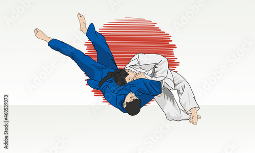 Sparring between two wrestlers. Judo Eastern wrestling