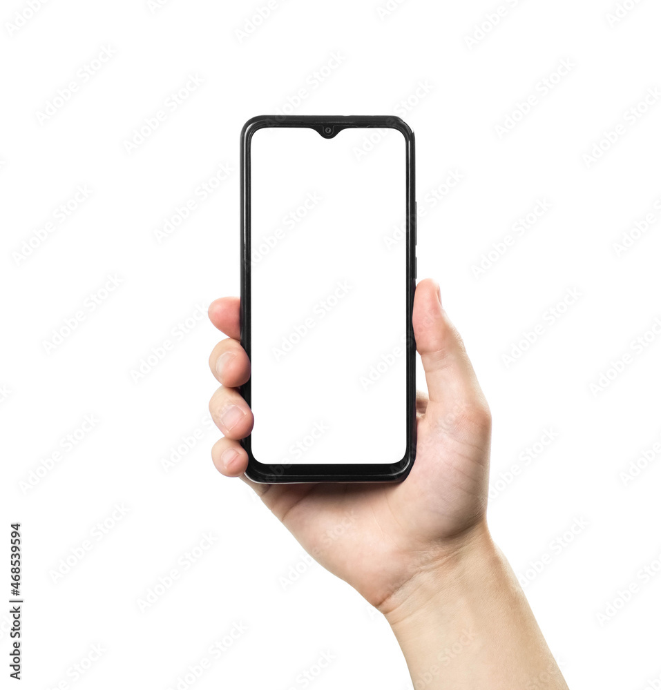 man hand holding vertically modern smart phone isolated on white background man hand holding vertically modern smart phone isolated on white background