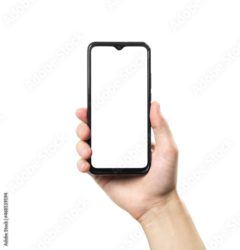 man hand holding vertically modern smart phone isolated on white background