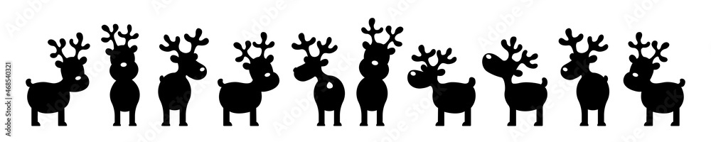 Group of cartoon reindeers isolated on white. Set of reindeers icons for design use. Horizontal banner. - obrazy, fototapety, plakaty 