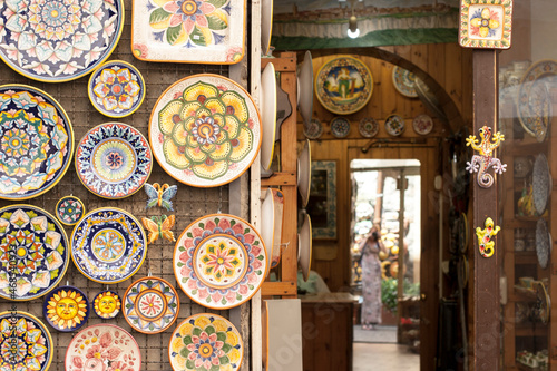 shop with colorful dishes, souvenirs