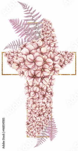 Watercolor Easter Cross Clipart, Hydrangea Flowers Frame Clip art, Pink  Baptism Crosses, Religious illustration Wedding Invitation, new baby girl, Holy Spirit, christening card, florall art photo