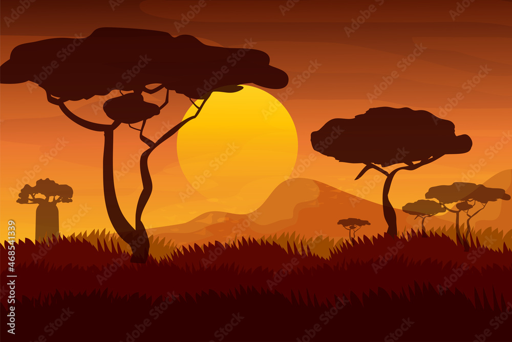 African landscape, sunset in Savannah in cartoon style. Evening with silhouette of jungle trees and mountains in horizon
