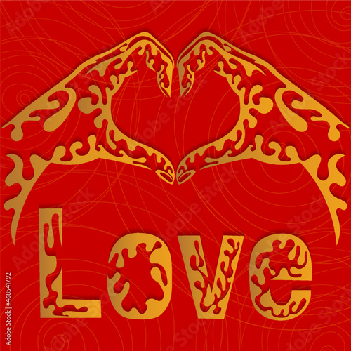 Happy Saint Valentine's day red and gold background. Lovely vector illustration with hands folded like a heart. Sign of declaration of love.