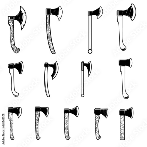 Set of illustrations of lumberjack axe in vintage monochrome style. Design element for logo, label, sign, emblem, poster. Vector illustration