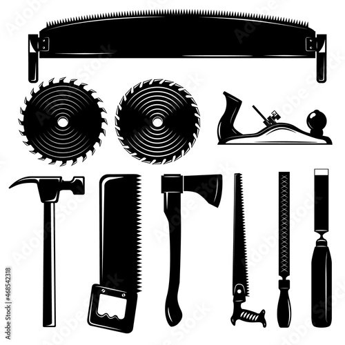 Set of carpenter tools in vintage monochrome style. Design element for poster, card, banner, logo. Vector illustration