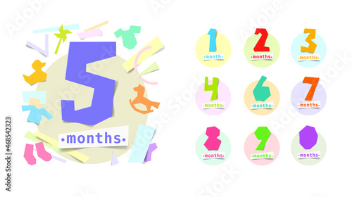 Set of vector stickers with the inscription 1, 2, 3, 4, 5, 6, 7, 8, 9, 0 months. Happy birthday card for a child up to one year old. Colorful art design cut with paper scissors. photo