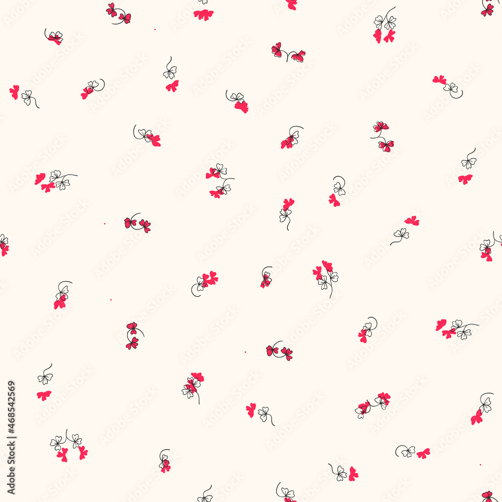 Trendy seamless floral pattern with ornament. Colorful flowers on light background. Simple minimalistic pattern with nature elements. Vector illustration for fabric, textile, poster, invitation