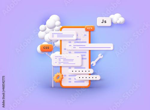 Mobile application development process. Smartphone interface building process, mobile app. 3D Web Vector Illustrations.