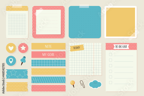 Cute memo template A collection of striped notes blank notebooks and torn notes used in a diary
