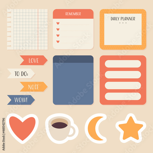 Cute memo template A collection of striped notes blank notebooks and torn notes used in a diary
