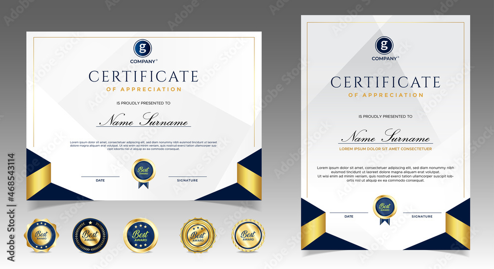 Certificate of appreciation template, gold and blue color. Clean modern certificate with gold badge. Certificate border template with luxury and modern line pattern. Diploma vector template
