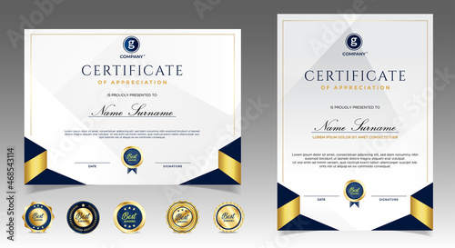 Certificate of appreciation template, gold and blue color. Clean modern certificate with gold badge. Certificate border template with luxury and modern line pattern. Diploma vector template
