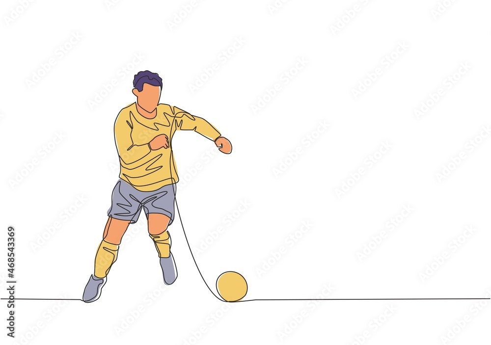Fototapeta premium One single line drawing of young football player with long sleeve shirt dribbling the ball at training session. Soccer match sports concept. Continuous line draw design vector illustration