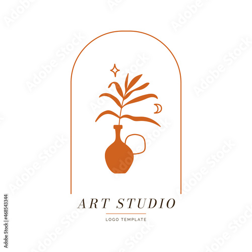 Abstract logo design template with palm branch in a vase. For art studios, cafes, travel services, spas and beauty salons