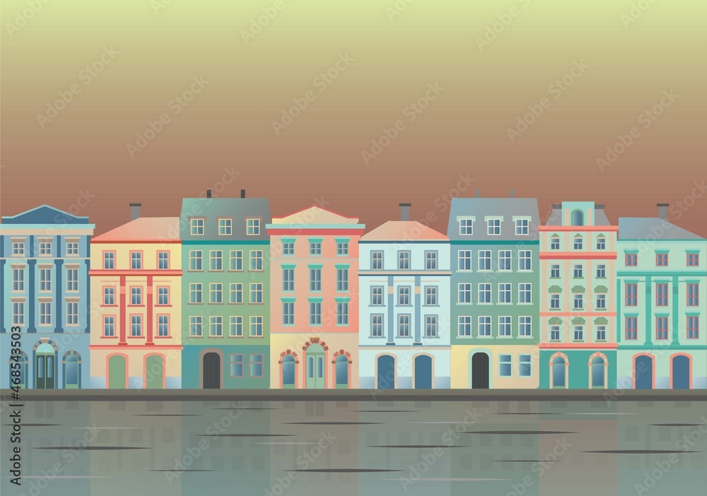 Colorful facades of old houses reflecting in the water. vector illustration.