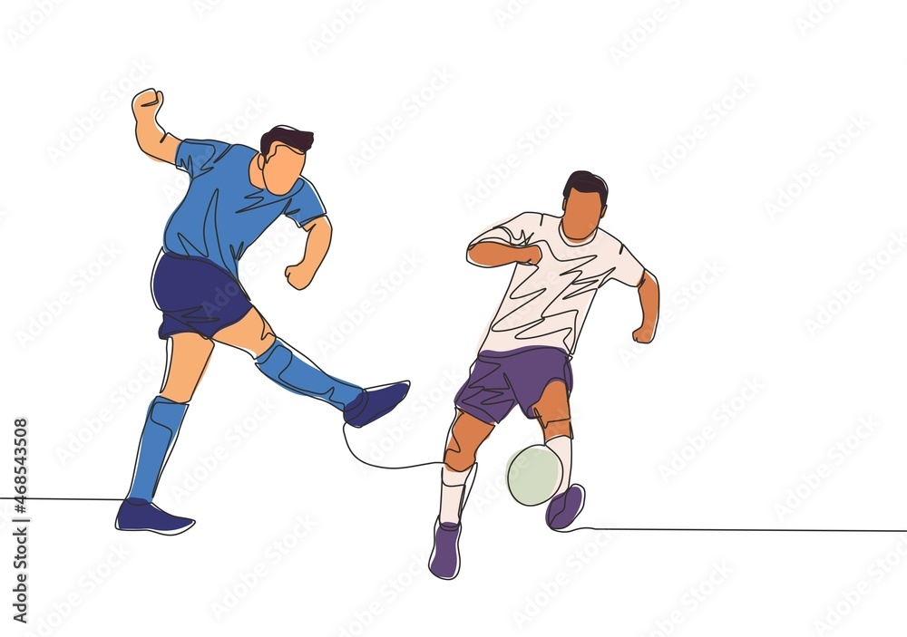 One continuous line drawing of young football striker shooting the ball and the defender blocking the ball. Soccer match sports concept. Single line draw design vector illustration
