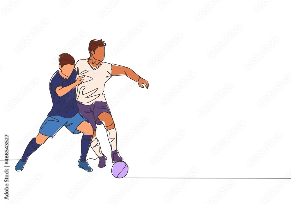 One continuous line drawing of two young energetic football player fighting for the ball at the game. Soccer match sports concept. Single line draw design vector illustration