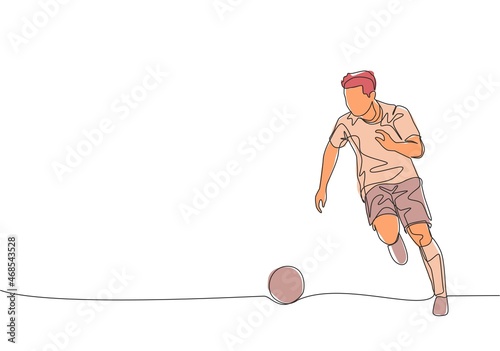 One continuous line drawing of young energetic football player dribbling the ball to the opponent area. Soccer match sports concept. Single line draw design vector illustration