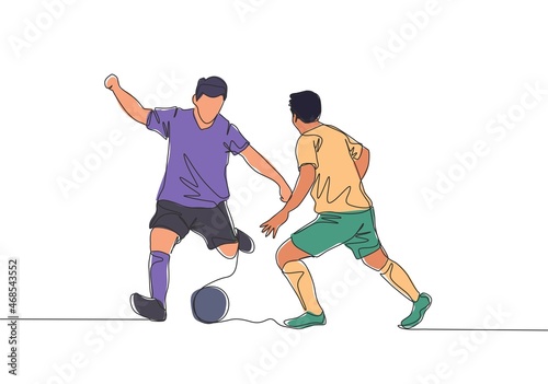One continuous line drawing of young energetic football striker dribbling ball pass the opponent defender. Soccer match sports concept. Single line draw design vector illustration