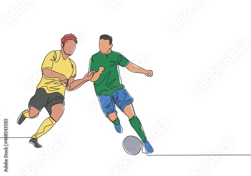 Single continuous line drawing of young energetic football player defending the ball from opponent player who want to seized it. Soccer match sports concept. One line draw design vector illustration