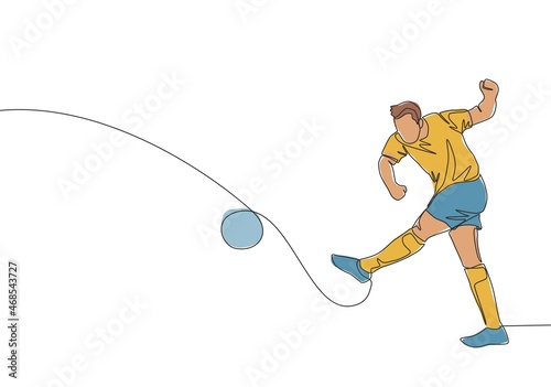 Single continuous line drawing of young passion football player shooting the ball really hard to the opponent's goal. Soccer match sports concept. One line draw design vector illustration