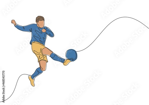 One single line drawing of young talented football player win the ball and shot the first time technique kick. Soccer match sports concept. Continuous line draw design vector illustration
