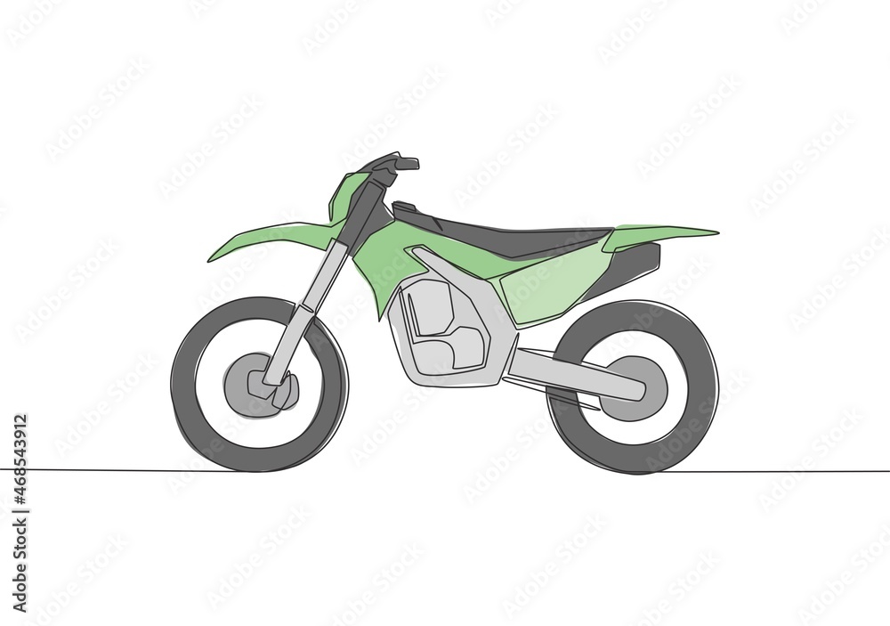 One single line drawing of tough trail motocross logo. Off road motorcycle concept. Continuous line draw design vector illustration One single line drawing of tough trail motocross logo. Off road motorcycle concept. Continuous line draw design vector illustration