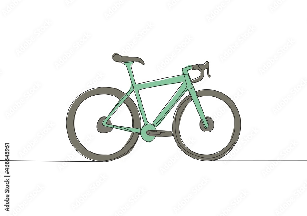 Single continuous line drawing of mountain race bicycle logo. Urban bike to work and go green movement concept. One line draw design vector illustration