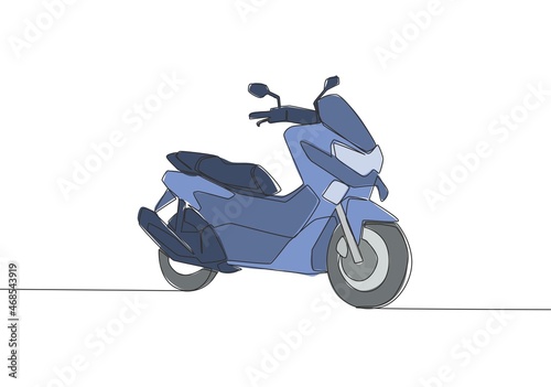 One single line drawing of big underbone scooter motorbike logo. City vehicle motorcycle concept. Continuous line draw design vector illustration