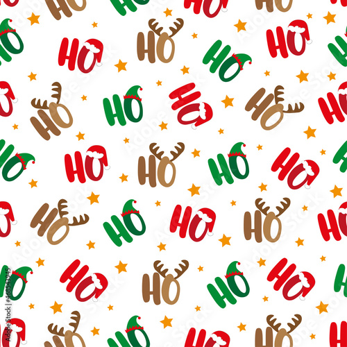 Ho Ho Ho seamless pattern with santa's hat, deer antler, and elf hat. Islolated on white background. Good for textile print, wrapping paper, cover, label and other decoration.